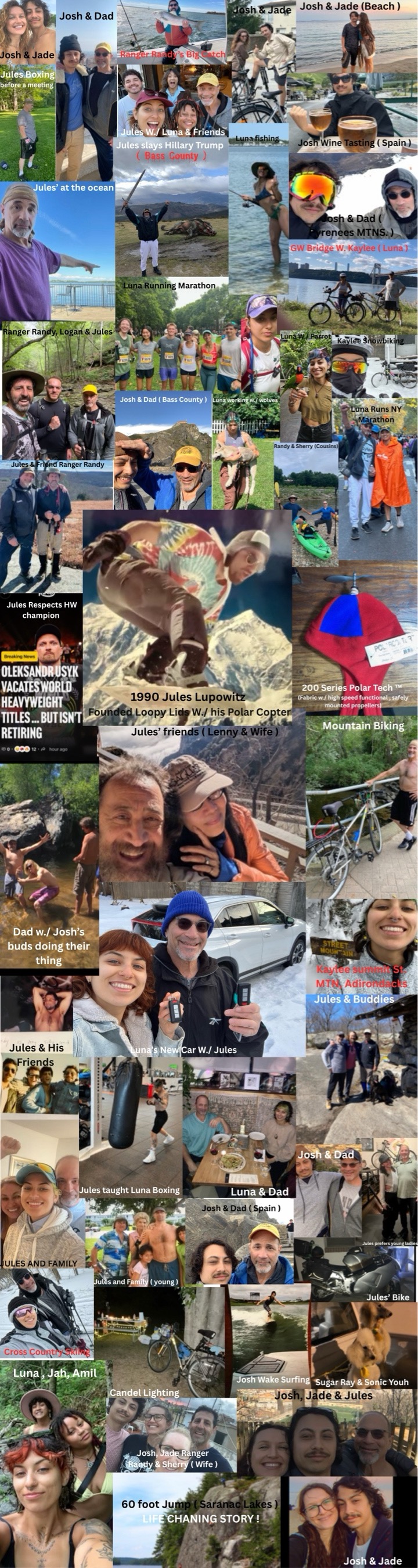 Collage of Jules Lupowitz with family, friends, travel, sports and outdoor activities