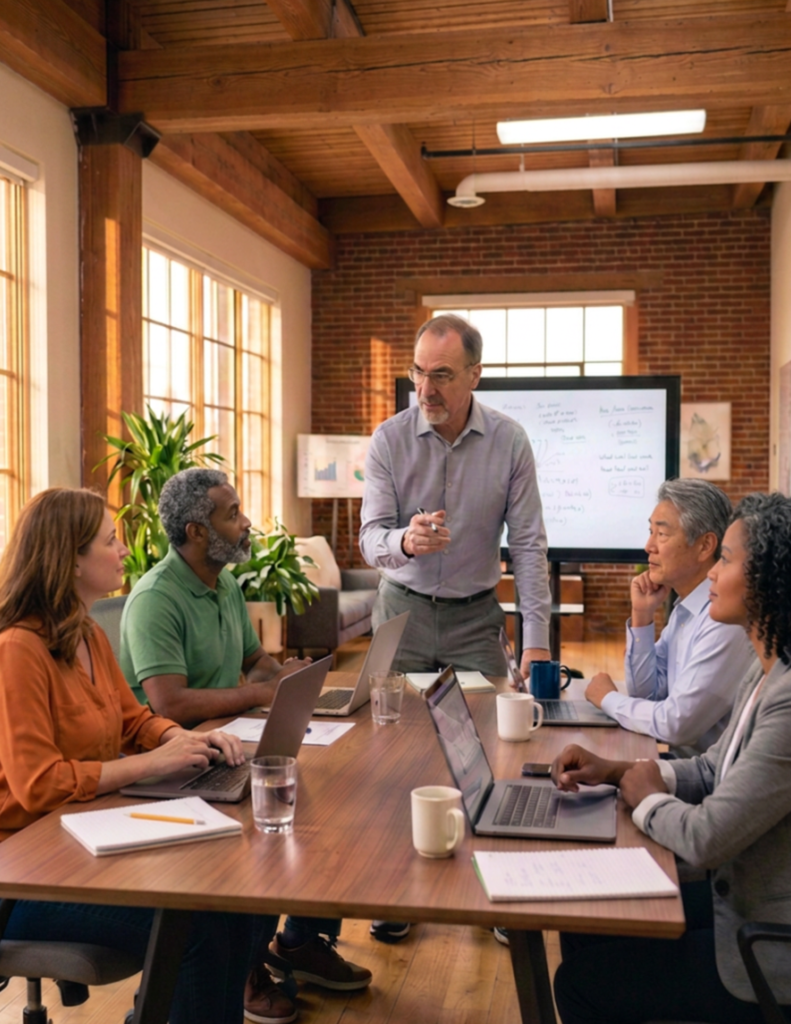 A team instruction and coaching session around a conference table
